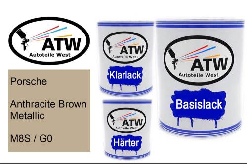 Porsche, Anthracite Brown Metallic, M8S / G0: 1L Lackdose + 1L Klarlack + 500ml Härter - Set, von ATW Autoteile West.